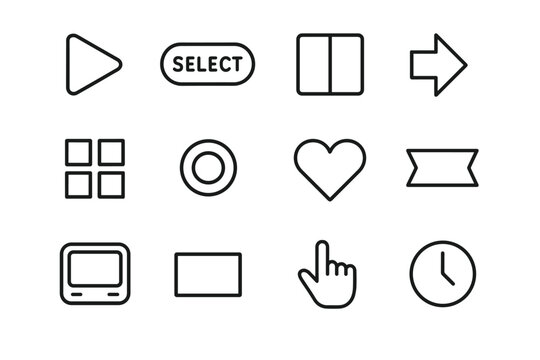 Arcade UI Icon Set. Arcade UI elements. Line outline icon set of Arcade UI elements: start icon, select icon,