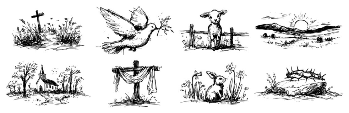 Christian religious symbols set for easter featuring dove cross lamb and church in hand drawn sketch style