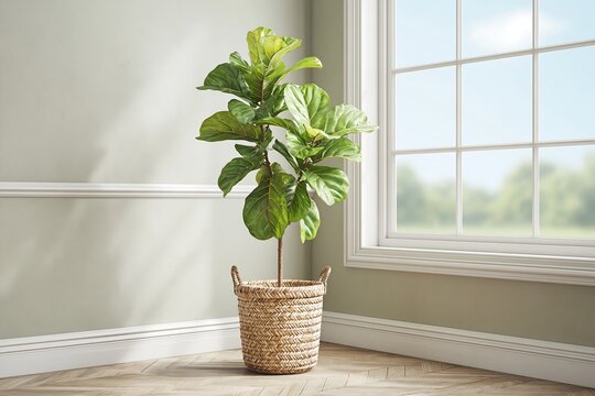 Fiddle leaf fig tree (Ficus lyrata) in a woven basket pot, corner of a bright living room, tall and lush, natural daylight from window, plant sharp focus