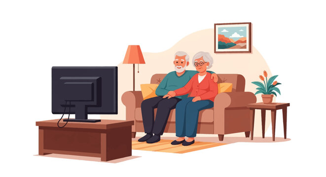 Senior couple sitting together on a brown sofa in a living room watching television on a flat screen tv stand with a floor lamp and plant vector illustration on white background.