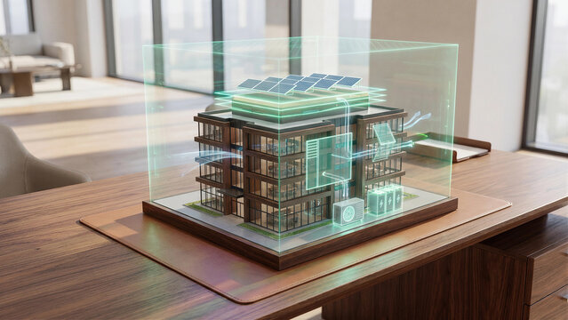 Miniature 3D model of sustainable building with rooftop solar panels heat pump battery storage and energy flow under transparent holographic dome on wooden desk smart green architecture concept