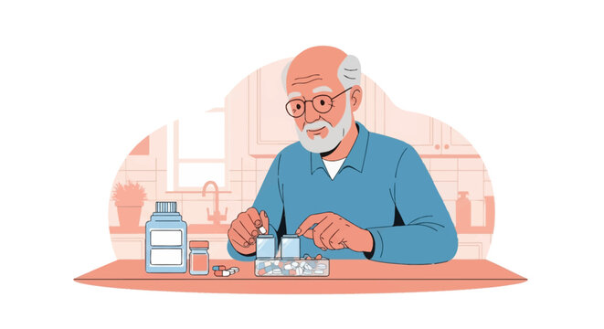 Vector illustration of an elderly man with glasses and a white beard sitting in a kitchen, organizing his daily medication into a pillbox with various capsules and bottles.