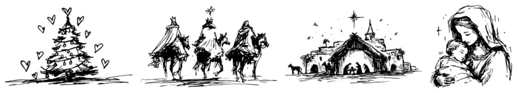 Christmas nativity scenes including three kings and holy family in black ink sketch style
