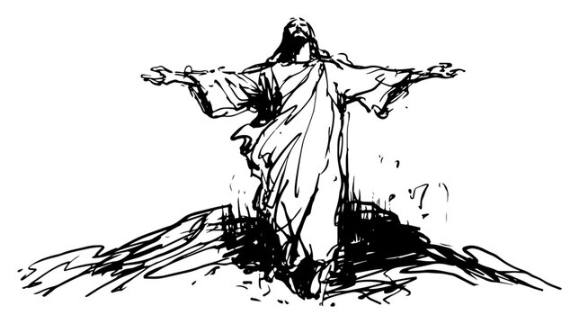 Jesus Christ standing with open arms in hand drawn sketch style