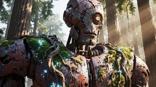 Ancient moss-covered robot with glowing eye in misty forest
