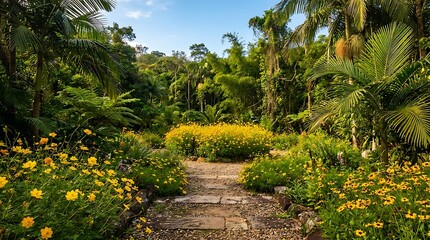 Obraz premium A serene stone path winds through a lush tropical garden filled with vibrant yellow cosmos flowers under a clear blue sky