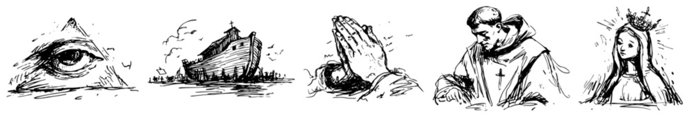 Obraz premium Religious symbols collection with eye of providence noahs ark and praying hands in hand drawn sketch style