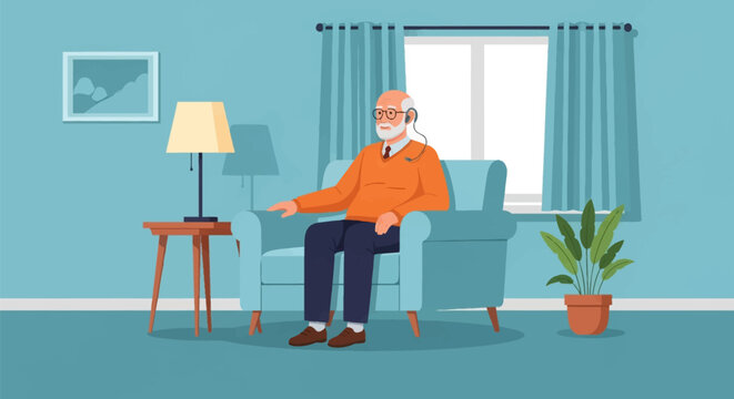 Flat vector illustration of a senior man with a beard and glasses wearing a hearing aid while sitting on a light blue armchair in a living room near a window and a side table.