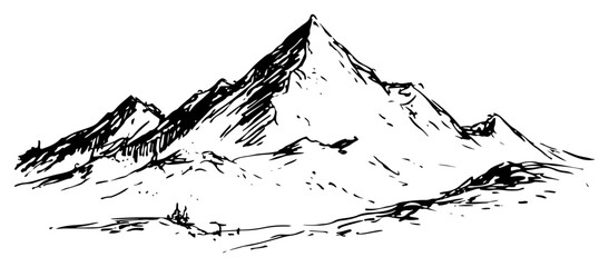 Fototapeta premium High mountain peak with ridges and snow in hand drawn sketch style