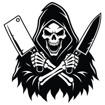 Grim reaper mascot with a meat cleaver and a knife