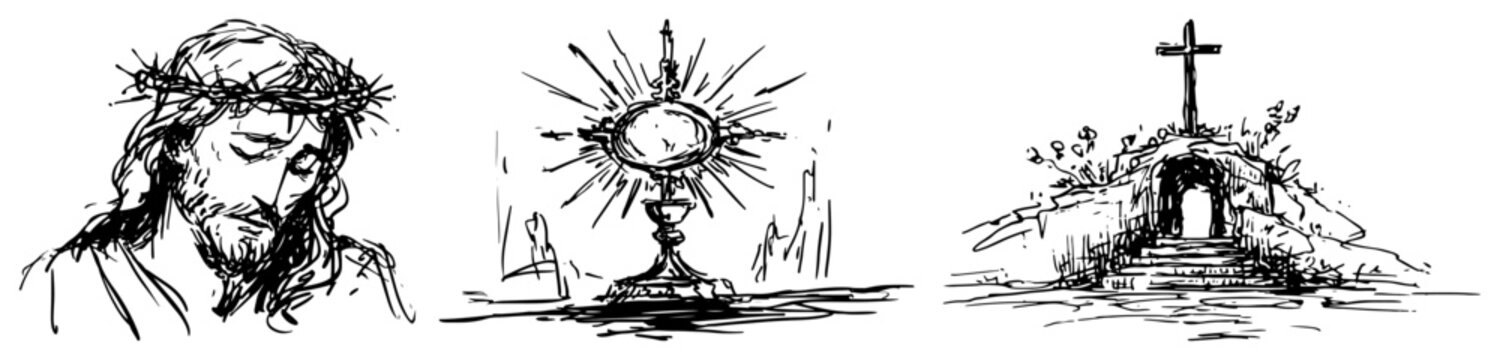 Religious set with Jesus in crown of thorns monstrance and empty tomb black ink sketch style
