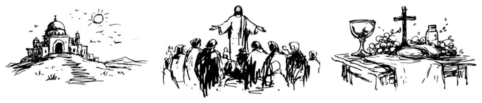 Christian scenes with church building sermon to crowd and communion table black ink sketch style