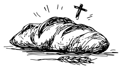 Religious bread loaf with cross and wheat stalk in hand drawn ink sketch style © AdrianGebert