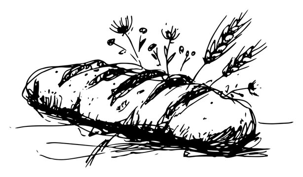Bread loaf with wheat stalks and wildflowers in hand drawn ink sketch style