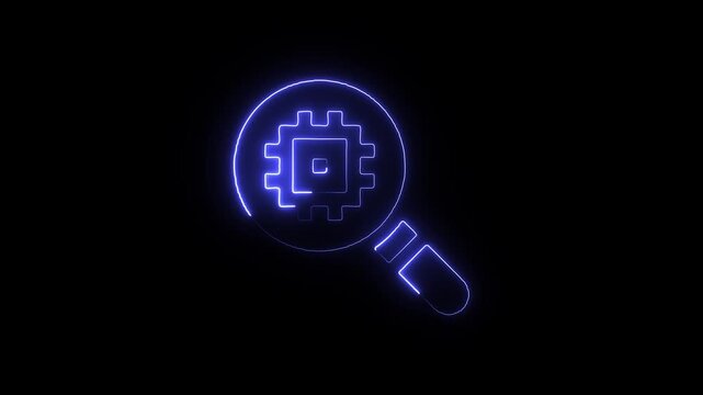 Neon blue magnifying glass with gear icon on black background