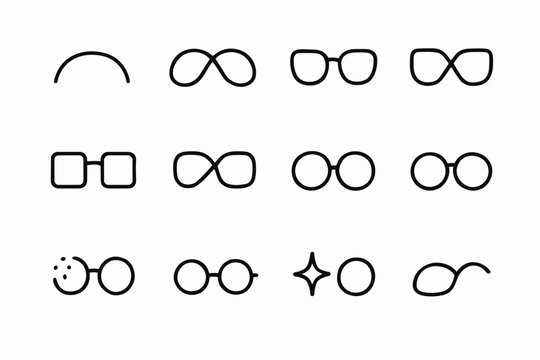 Minimal Eyewear Icons. Eyewear abstract minimal. Line outline icon set of eyewear abstract minimal: curved