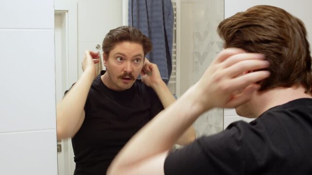 Average 30s man combing his unruly hair with a thick comb in a bright white bathroom