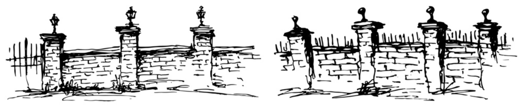 Stone boundary wall with decorative pillars and lamps in hand drawn sketch style