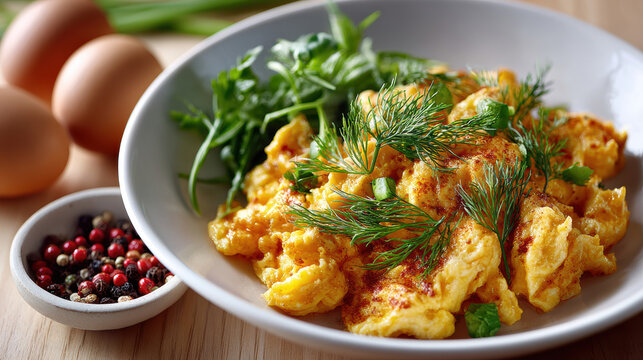 Scrambled eggs breakfast plate with fresh herbs and pepper for easter menu flatlay background and brunch poster design