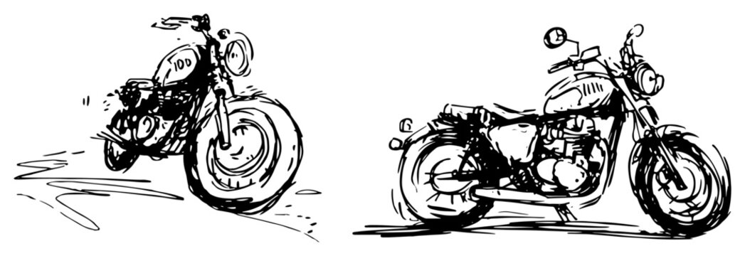 Vintage motorcycle with classic design and engine details in hand drawn sketch style
