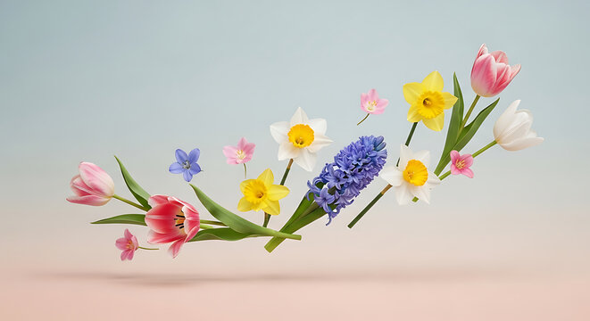 Floating Spring Flowers Composition on Pastel Blue and Pink Gradient Background