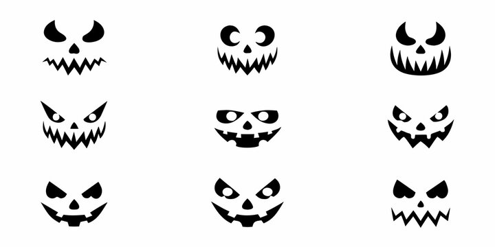 halloween jack o lantern faces eight black silhouettes on white