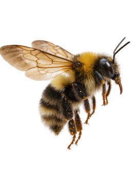 Isolated fluffy bumblebee in flight, detailed macro studio shot of a beautiful striped insect
