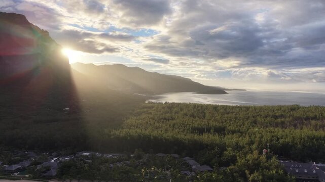 Magnificent views of Le Morne mountain at sunset. Mauritius Island