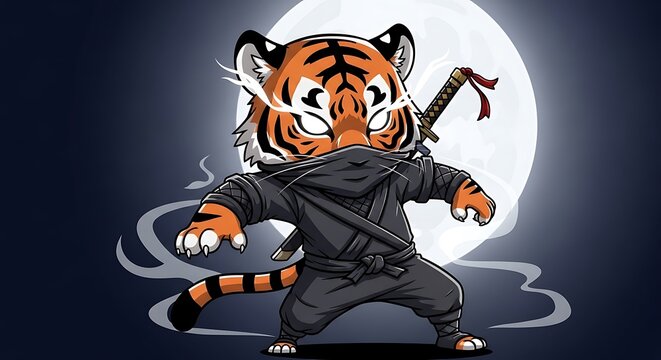 Cute Ninja Tiger Mascot Character with Samurai Sword Under Full Moon Cartoon Illustration for Kids, Martial Arts Theme, Fantasy Animal Warrior Design