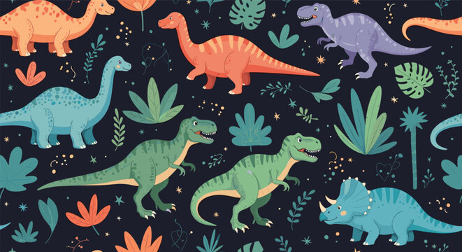 Seamless pattern with various dinosaurs like tyrannosaurus and brontosaurus in a lush prehistoric forest on dark background.