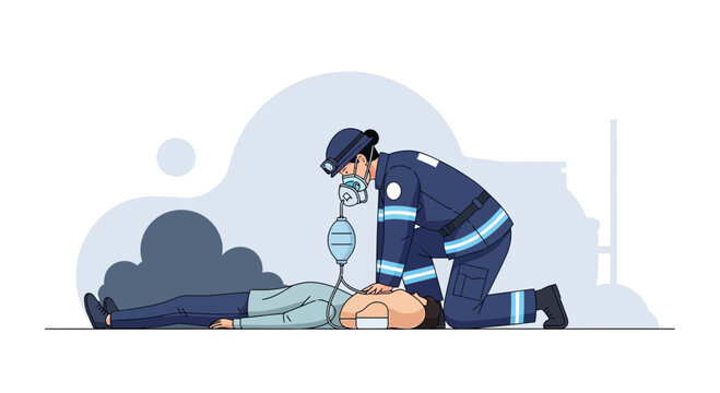 Firefighter performing CPR on unconscious person, emergency medical assistance illustration