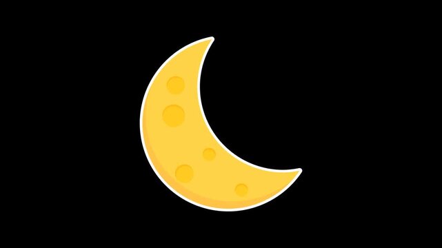 Seamless loop animation of a yellow crescent moon swaying gently, isolated on a transparent alpha channel background for night sky elements and whimsical motion graphic design