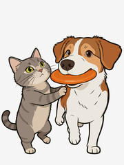 Fototapeta premium Cute cartoon cat and dog playing with flying disc