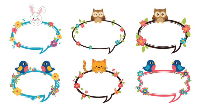 Cute animal speech bubbles collection with bunny owl bird and cat characters decorated with colorful flowers for children.