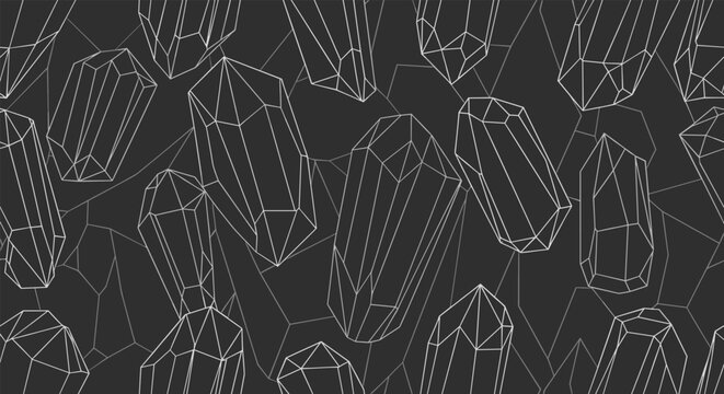 Geometric crystal pattern with white wireframe shapes on dark background creating a sophisticated and modern seamless design.