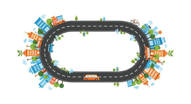 Urban city road circle with buildings and trees surrounding a racetrack path representing urban planning and transportation.