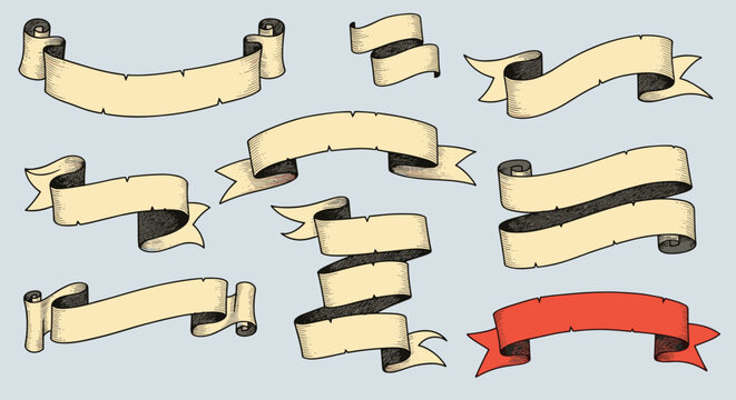 Vintage scroll banners and blank ribbon collection in cream and red colors for antique style documents and greeting cards.