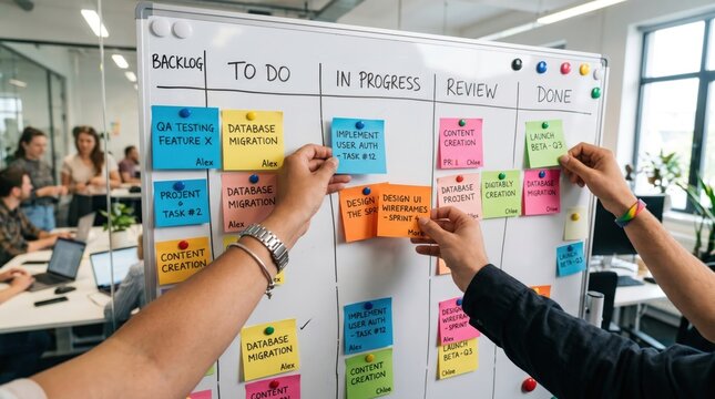 Team collaborating on agile scrum project management board with colorful sticky notes and tasks in a bright modern office setting during a productive professional workday session