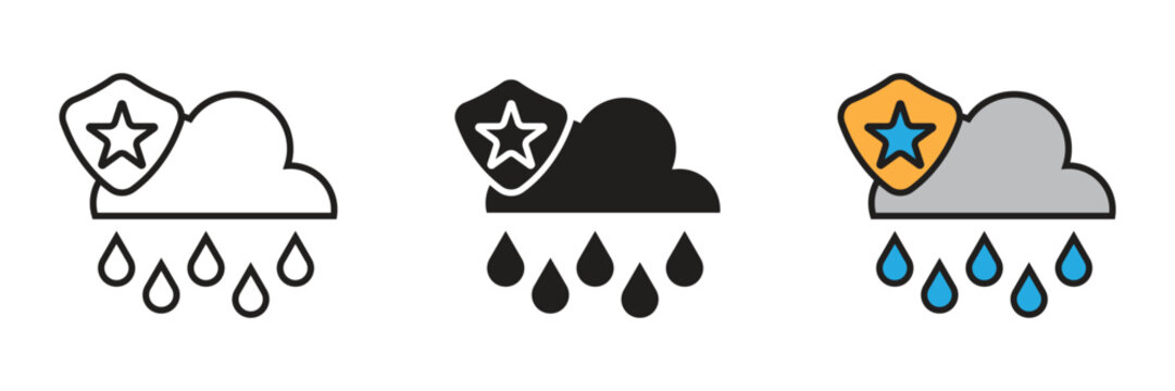 Premium Weather Protection Icon. Rainy storm cloud symbol combined with a shield containing star for premium protection concept.