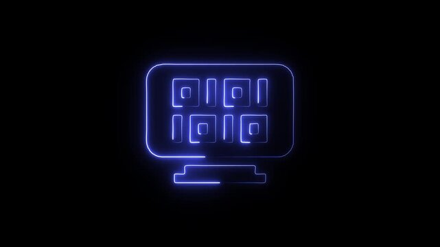 Neon blue computer monitor with qr code on screen in dark background
