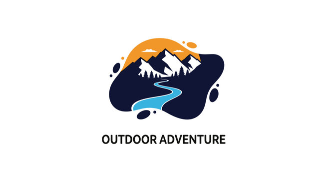 Modern logo design for outdoor adventure featuring mountains, a forest, and a winding blue river under a setting orange sun.