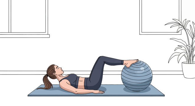 Vector illustration of a young woman with a ponytail lying on a blue yoga mat and performing a core exercise with her feet resting on a blue stability fitness ball in a studio.