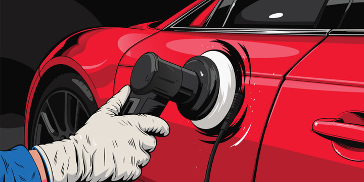 Digital illustration of a professional detailer using a power buffer to polish a red sports car