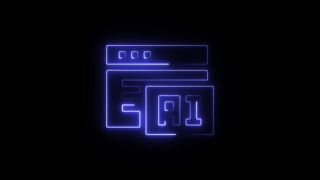 Neon blue glowing browser window with ai on a black background