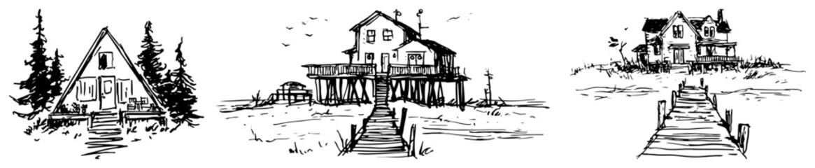 Wooden cabins and lakeside cottage with pier hand drawn sketch style © AdrianGebert