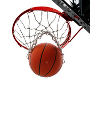 Isolated orange basketball passing through red hoop with white net, scoring a successful point © Aoife