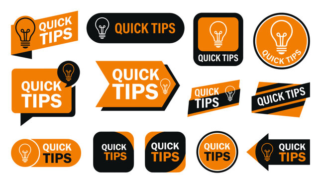 Quick tips banners and labels with lightbulb idea symbol different shapes and colors.