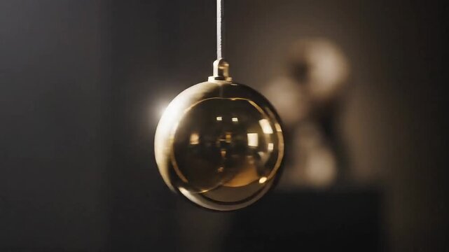 Shiny golden sphere pendulum swinging rhythmically in a cinematic 4k video clip capturing the smooth motion of a suspended metallic object moving back and forth against a dark blurred background