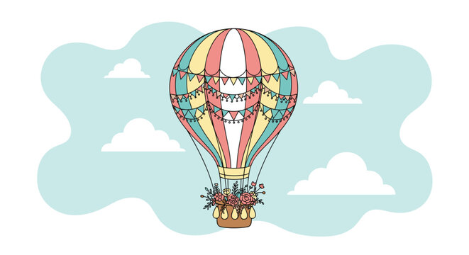 Vintage style hot air balloon with colorful stripes and decorative flags carrying a basket filled with flowers against a blue sky with clouds.