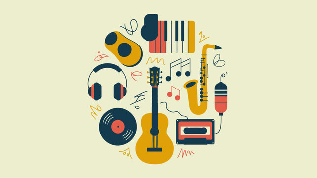 Music icons, audio equipment, instruments, vector graphics, sound symbols